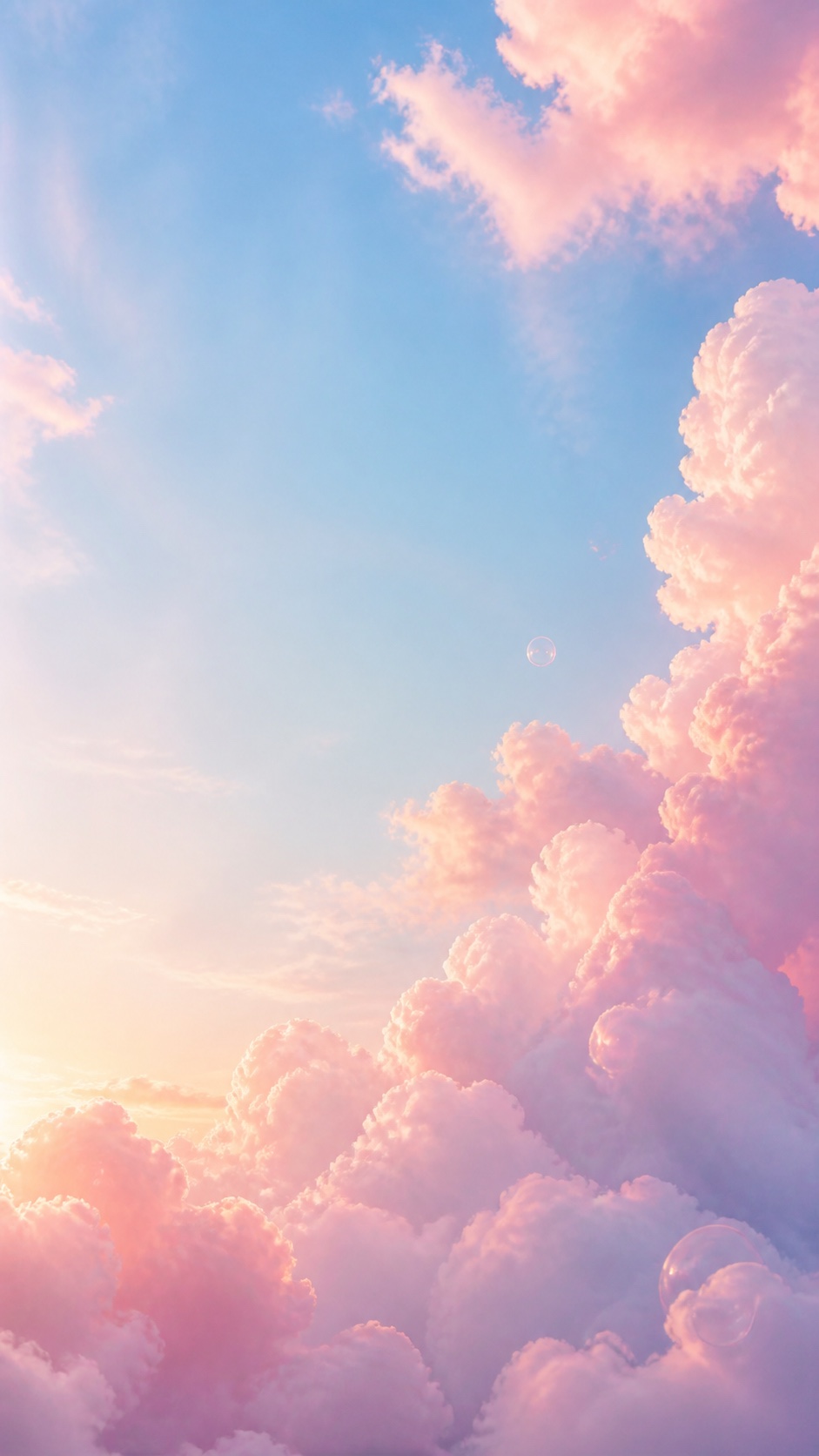 A sunlit wall of pink clouds in a blue sky